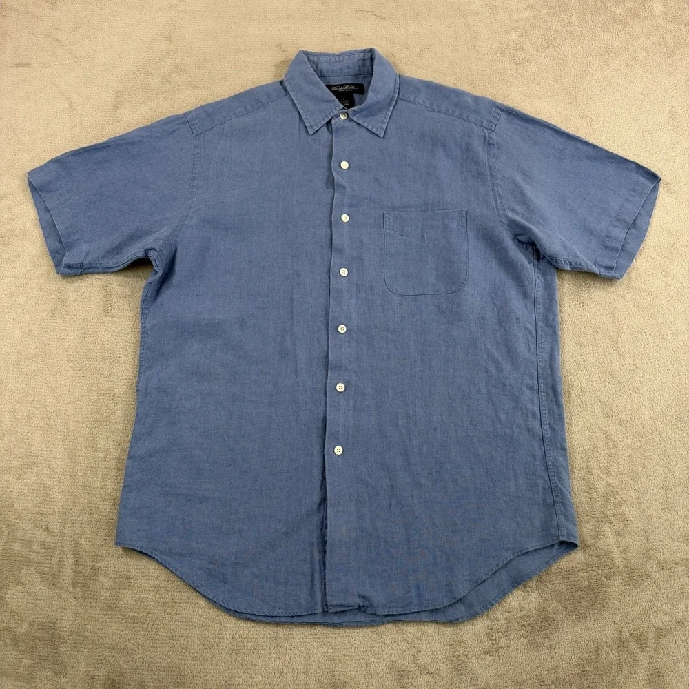 Vintage Brooks Brothers Irish Linen Shirt in Blue Men Medium Short Sleeve Preppy